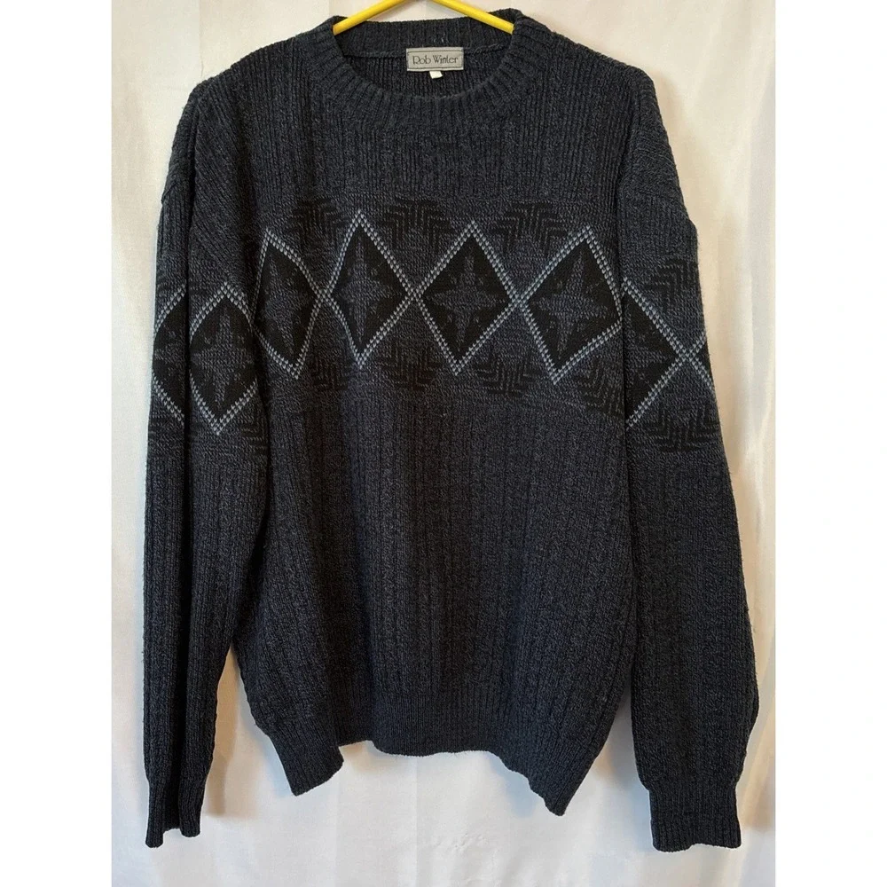 Men's Rob Winter Heathered Black/blue Argyle Sweater Acrylic Long Sleeve Y2k XL